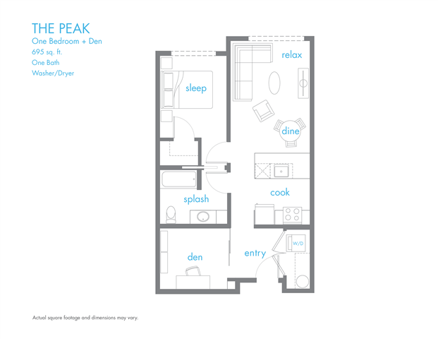 Floor plan for 1 bed, 1 bath, 695 sqft